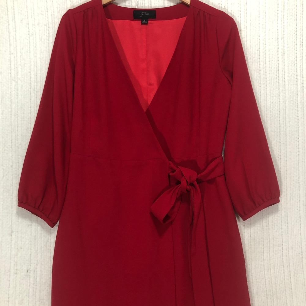 J. Crew Red Wrap Dress Three Quarter Sleeve Tie Waist Size 2